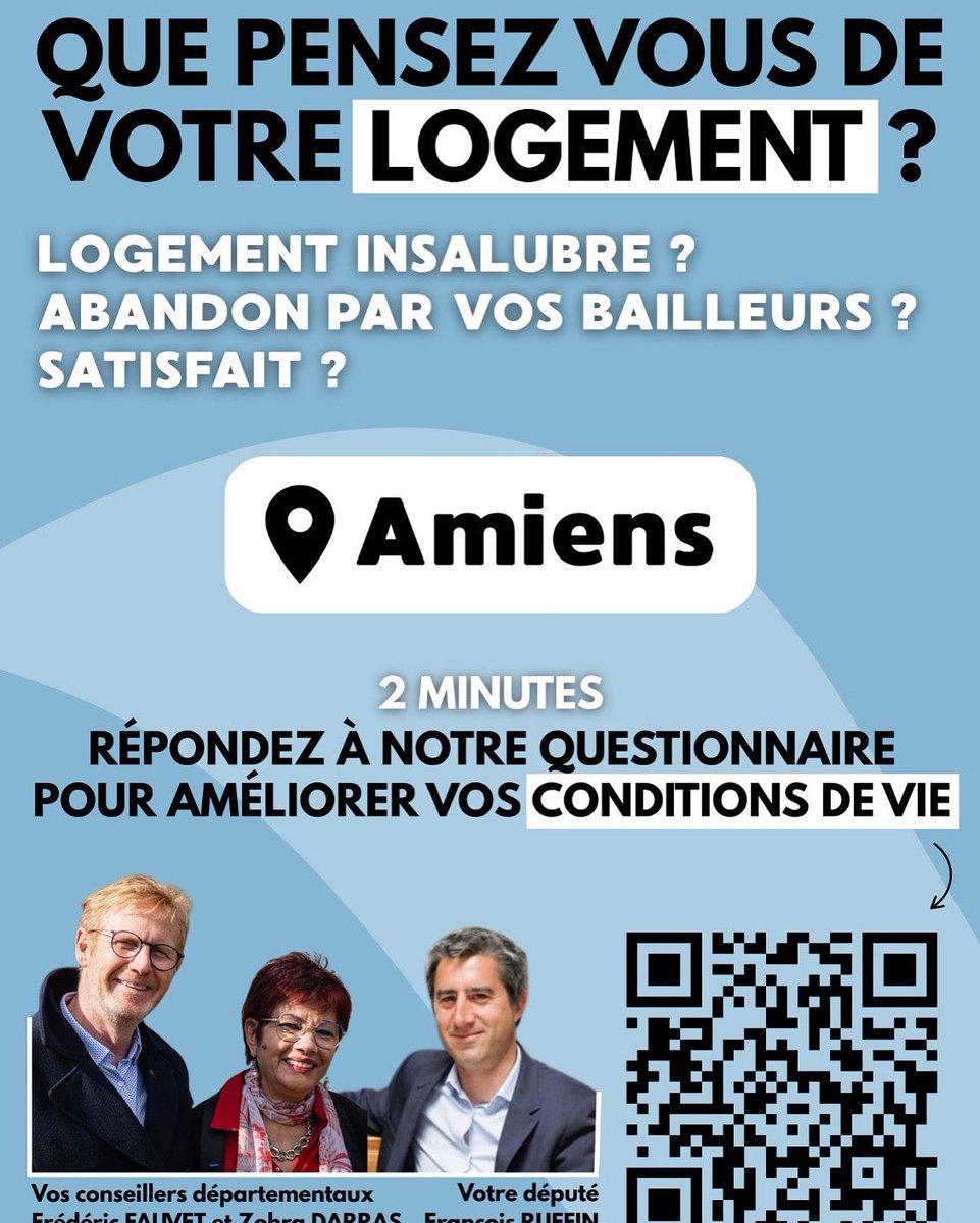 Avec <a href="/DarrasZohra/">Darras Zohra</a> et <a href="/Francois_Ruffin/">François Ruffin</a> , nous poursuivons nos travaux sur le logement à Amiens.

Difficultés de chauffage, problèmes sanitaires, logements inadaptés, demandes de logement sans réponse ...
Vous pouvez répondre en ligne ici :
docs.google.com/forms/d/1eb_ym…