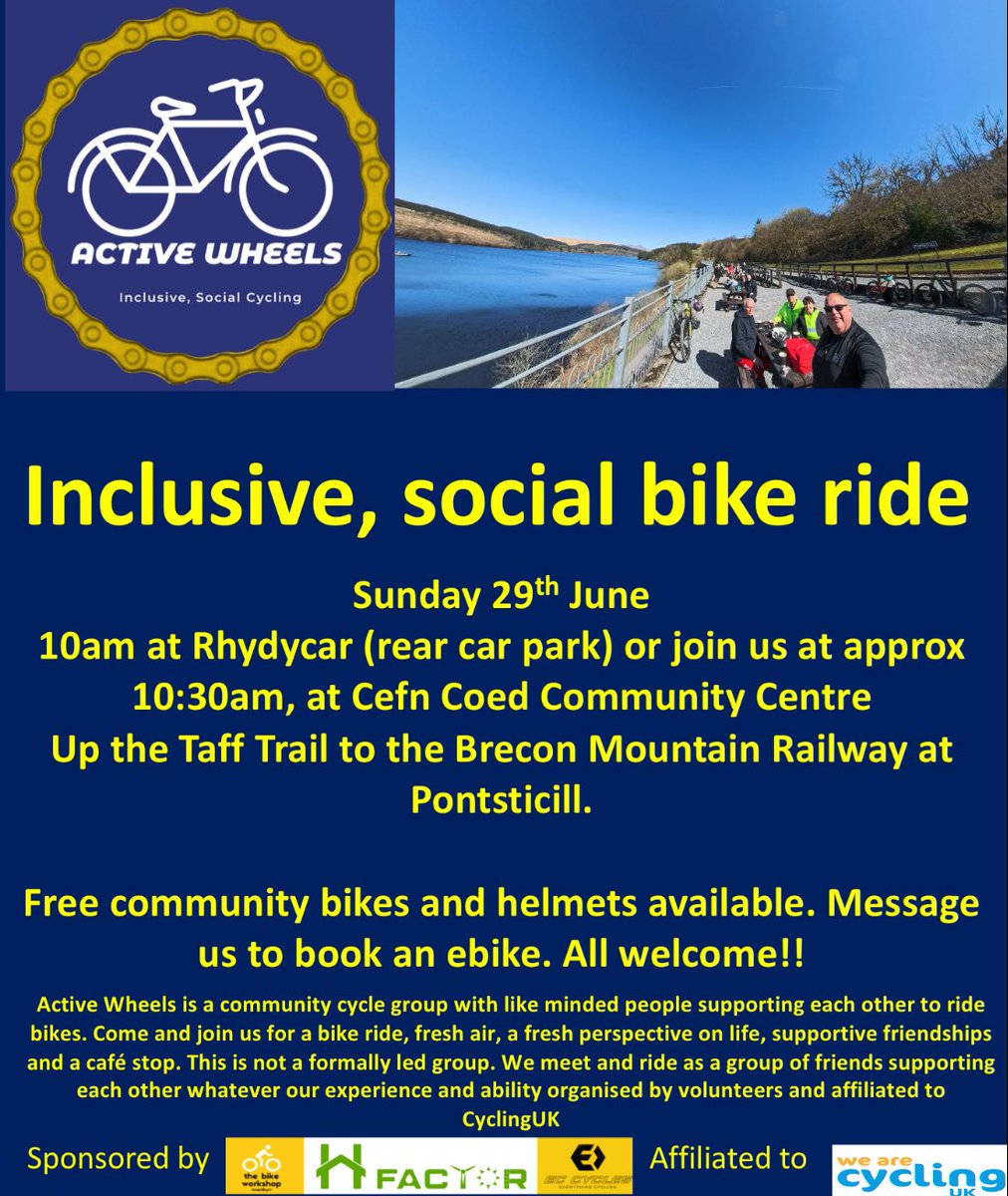 We have 2 #inclusive, #social rides this weekend. 

On Saturday to Aberfan Community Centre and Sunday to Brecon Mountain Railway at Pontsticill station,

Both rides start from the car park behind Merthyr Leisure Centre at Rhydycar at 10am

Bike and e-bikes free to use.