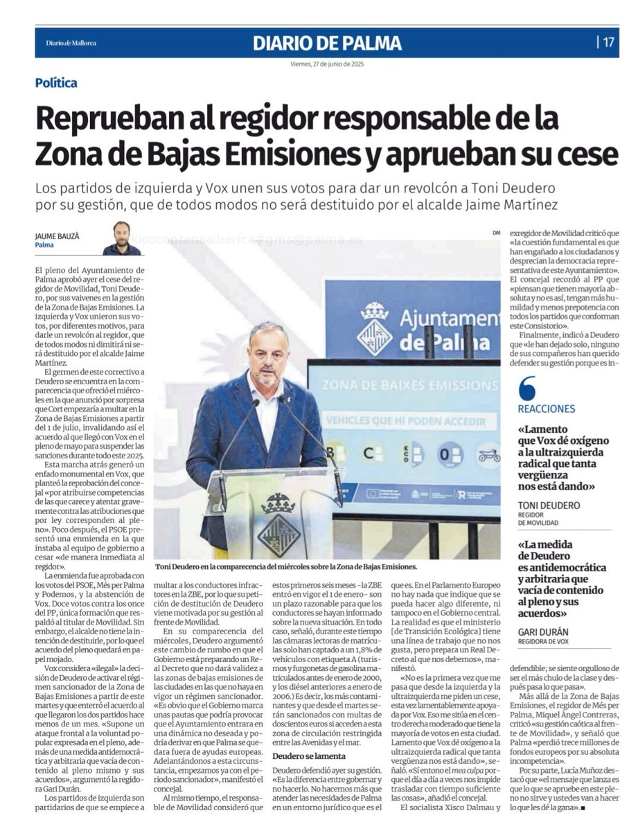 ⛔ Dos años de engaños del PP y del alcalde Martínez, de colapso constante en Palma y caos del regidor de Movilidad.

Ayer se aprobó en el Pleno la reprobación y destitución del regidor Deudero.

❌ Martínez, con su prepotencia innata, ya avisó: no cumplirá. 

Vergonzoso.