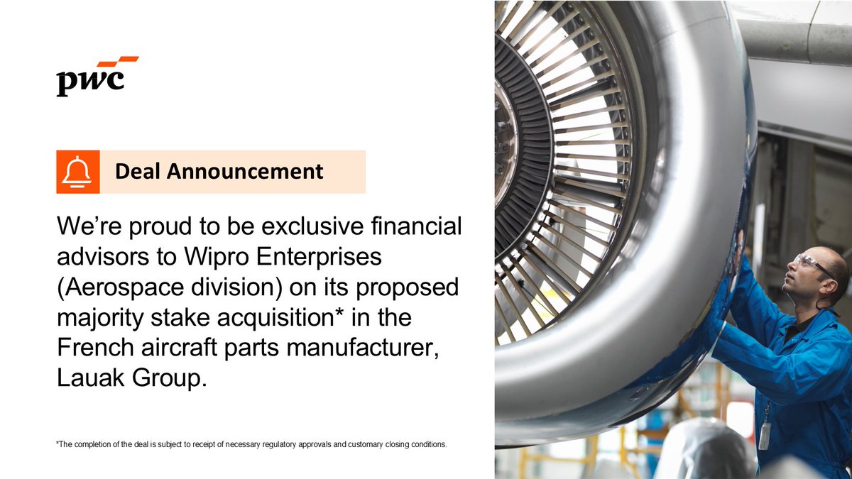 PwC_IN's tweet image. We’re proud to have advised Wipro Enterprises (Aerospace) on its proposed majority acquisition of Lauak Group, a French aircraft parts maker.

The deal underscores India’s growing aerospace role and the impact of global strategic partnerships in advanced manufacturing. #PwCDeals