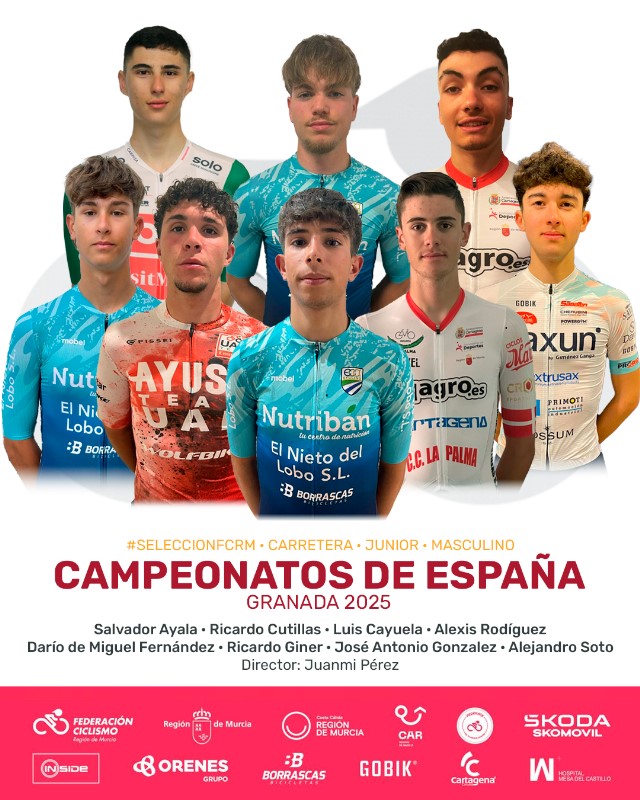 #SeleccionFCRM Junior Masculina • #CEGranada25 🇪🇸

🚴‍♂️ Salvador Ayala
🚴‍♂️ Ricardo Cutillas
🚴‍♂️ Luis Cayuela
🚴‍♂️ Alexis Rodríguez
🚴‍♂️ Darío de Miguel Fernández 
🚴‍♂️ Ricardo Giner
🚴‍♂️ José Antonio González
🚴‍♂️ Alejandro Soto
🚗 Juanmi Pérez

#Murciaciclismo #CiclismoRegiondeMurcia