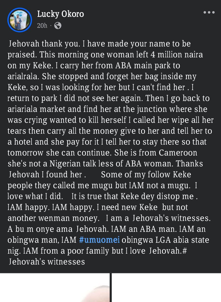 ProudlyJW's tweet photo. A man known as Lucky Okoro who is one of Jehovah's Witnesses returned 4 million Naira to a Cameroonian woman who forgot the money inside his Keke in Aba

----

For choosing to be honest by return 4 million Naira.. Jehovah will reward you  immensely.. Amen 🙏🏾🙏🏾🙏🏾

#JwNation #JW https://t.co/t2YO4zkInN