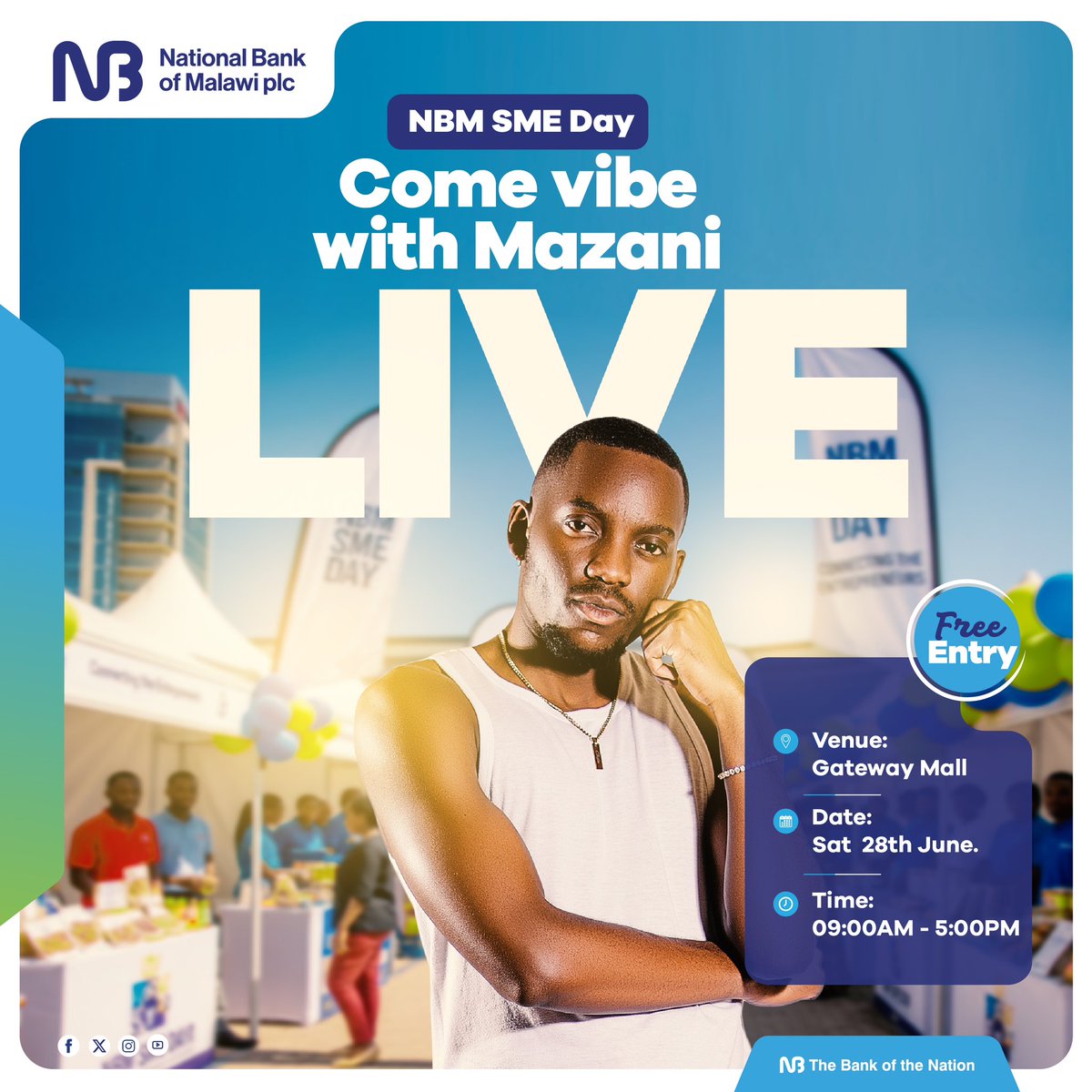 Lilongwe I’ll be Performing live at the SME Event hosted by National Bank at Gateway Mall, this coming Saturday on the 28th,  

ENTRY IS FREE, So feel free to bring your friends and loved ones,  I can’t wait to see you there  💙