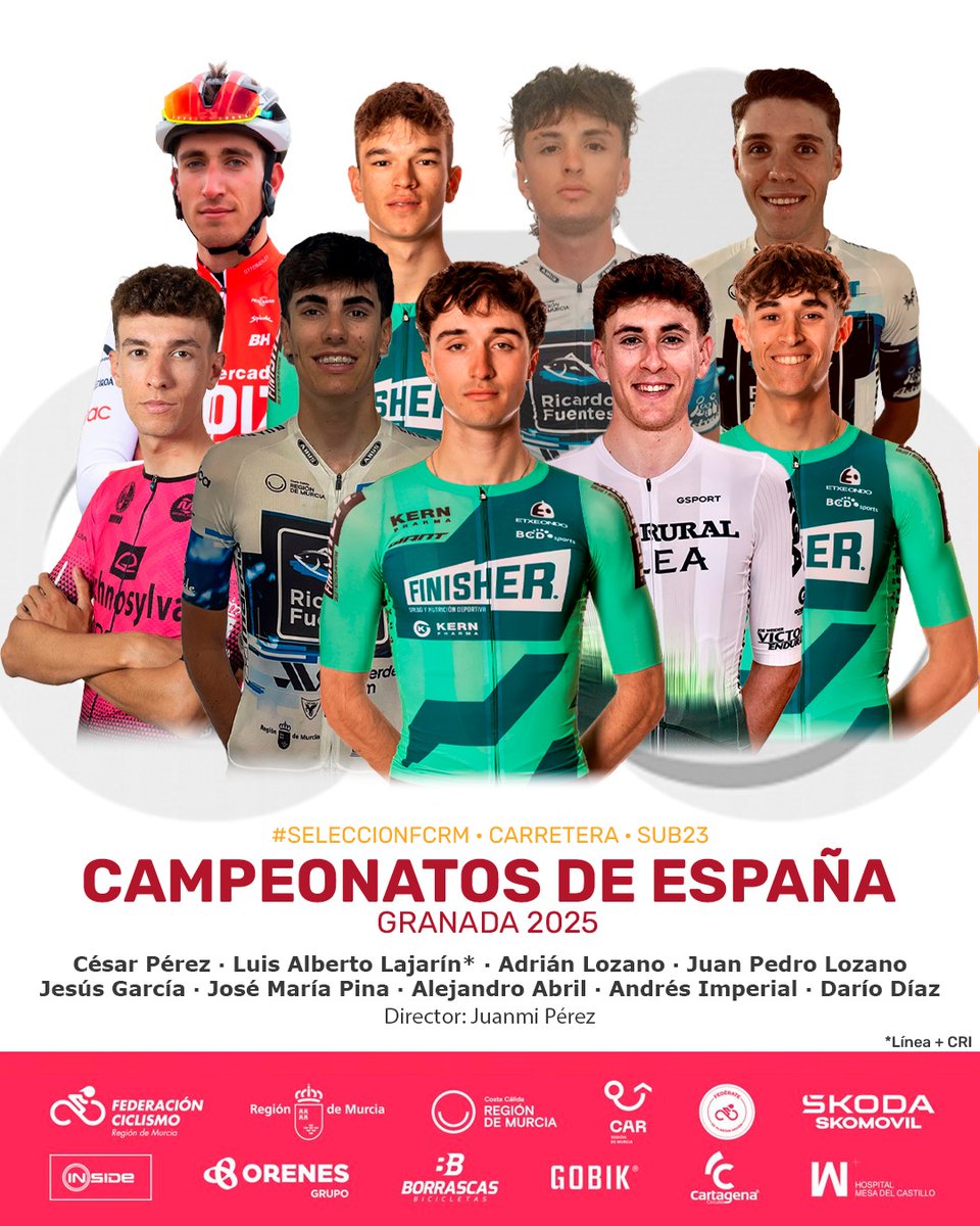 Convocatoria #SelecciónFCRM para los #CEGranada25 - Sub23 🔥

🚴‍♂️ C. Pérez
🚴‍♂️ L.A. Lajarín
🚴‍♂️ A. Lozano
🚴‍♂️ J.P. Lozano
🚴‍♂️ J. García
🚴‍♂️ J.M. Pina 
🚴‍♂️ A. Abril
🚴‍♂️ A. Imperial
🚴‍♂️ D. Díaz
🚗 J. Pérez

⏱️ Lajarín será el representante en la CRI

#Murciaciclismo #CiclismoRegiondeMurcia
