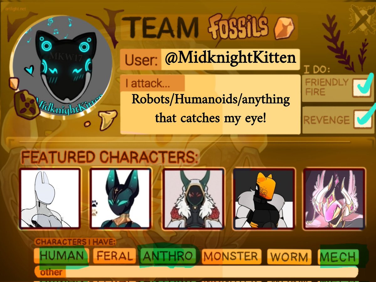 MidknightKitten's tweet image. ArtFight is just around the corner!
Here is my sheet for this year!
#artfight2025 #TEAMFOSSILS