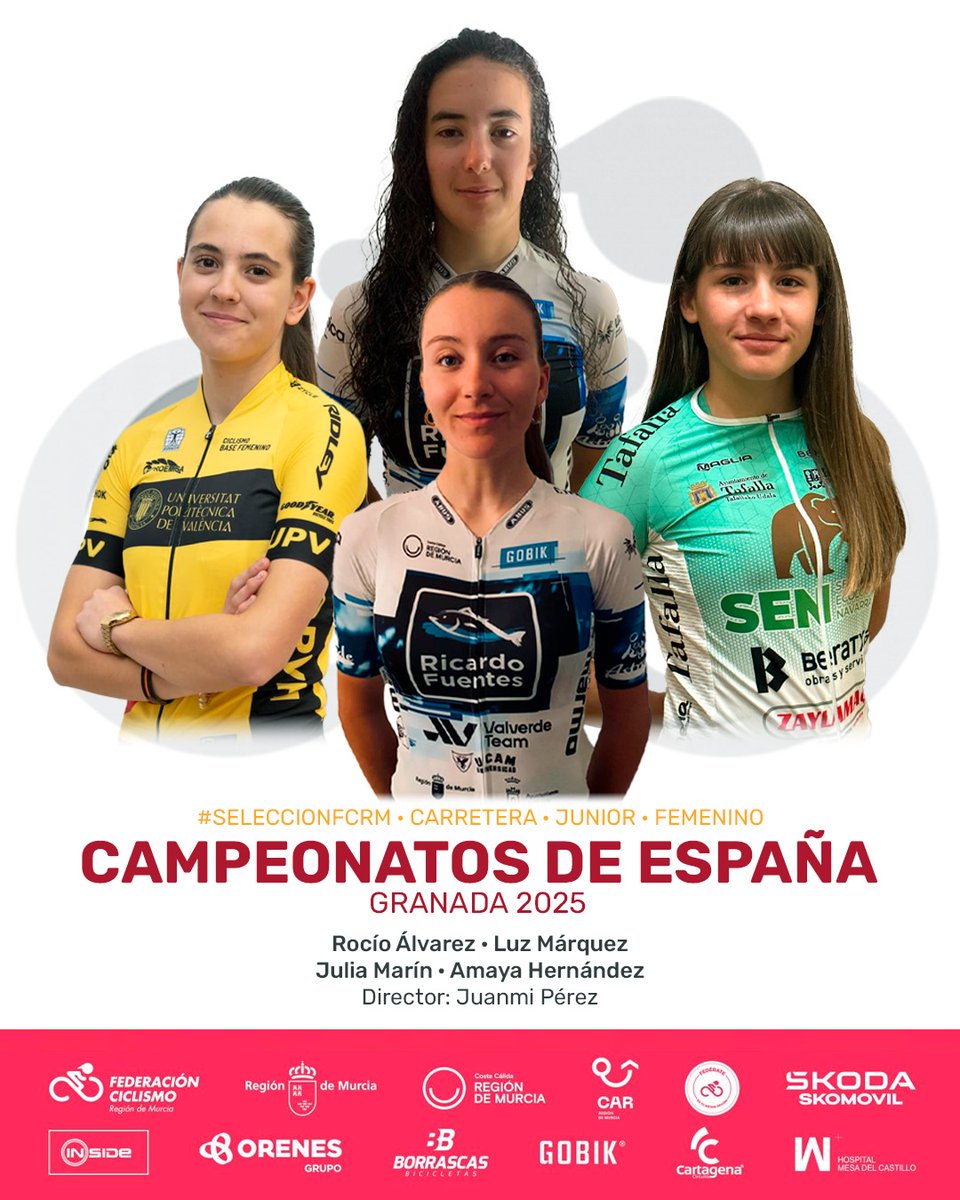 Convocatoria #SeleccionFCRM Junior Femenina • #CEGranada25 🇪🇸

🚴‍♀️ Rocío Álvarez
🚴‍♀️ Luz Márquez
🚴‍♀️ Julia Marín
🚴‍♀️ Amaya Hernández
🚗 Juanmi Pérez

#Murciaciclismo #CiclismoRegiondeMurcia