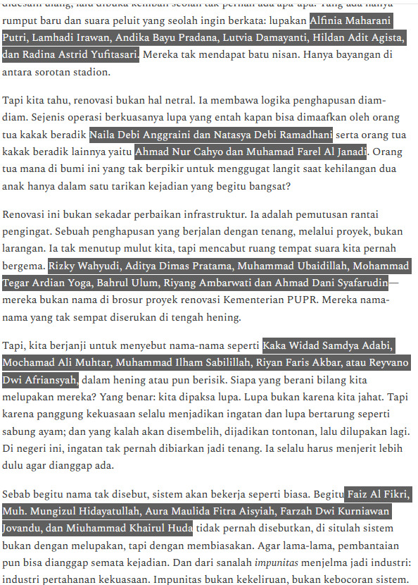 amet_ramadhan's tweet photo. Cape sih iyeu sih pasti, menyematkan 135 nama korban kanjuruhan tapi bukan sebagai daftar, tapi cerita utuh.

Sila yang mau baca pelan dan teliti 😃

Bacakan Nama-Nama Ini. Latihan Kita Mulai! I Tulisan @zenrs  Via @substack 

https://t.co/4gx707f3k4 https://t.co/M2xg8uwHY5