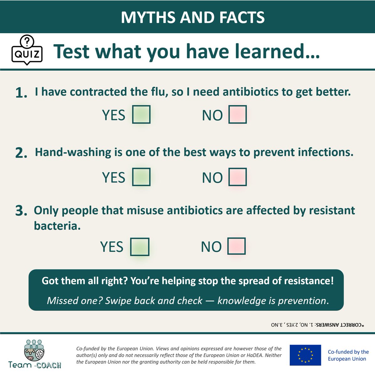 🤒Think antibiotics cure everything? Well, think again...
  
👇Let’s dive into some myths and facts for antibiotics and infections💊🦠

And don´t forget to test your knowledge with the quick  quiz at the end! 😉

 #EU4Health #AMS #AMR #IPC