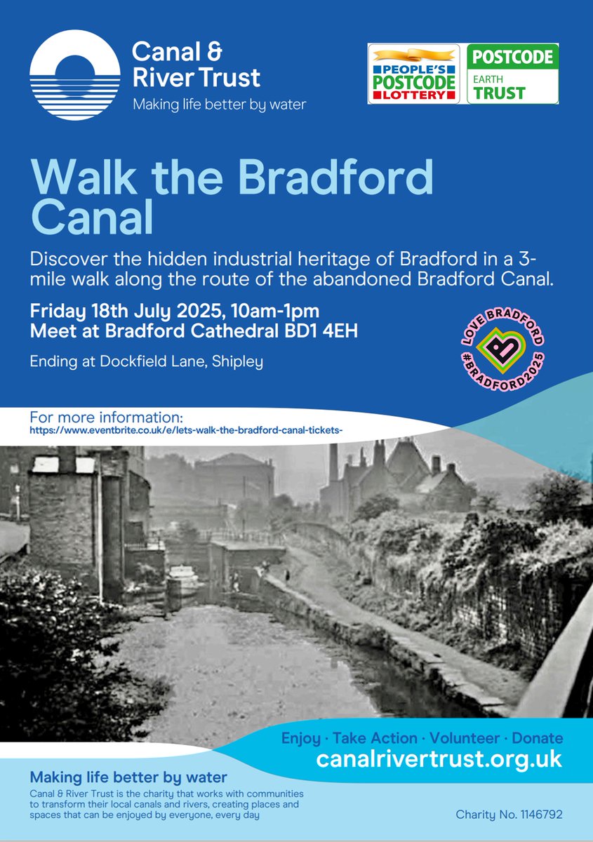 ShipleyTC's tweet image. Talk a walk along the abandoned Bradford Canal. Starting from Bradford Cathedral and ending at Dockfield Lane in Shipley, the free 3 mile walk with @CanalRiverTrust starts at 10am on the 18th July. Booking registration is required.
Book tickets here: eventbrite.co.uk/e/lets-walk-th…