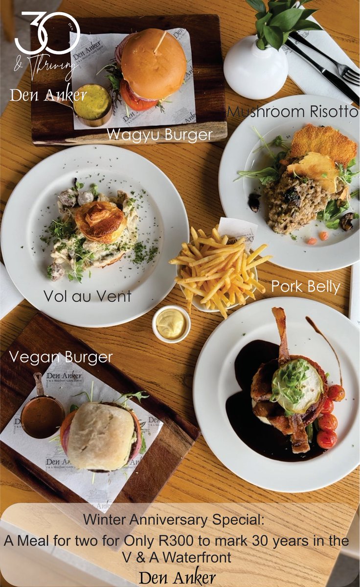 Den Anker Restaurant (@den_anker) on Twitter photo To mark 3 incredible decades at the <a href="/VandAWaterfront/">vandawaterfront</a> , weโre sharing the love with a winter anniversary offer:
A Meal for Two for Only R300!
Choose from: Vol au Vent, Pork Belly, Wagyu Burger, Risotto, Vegan Burger
If youโre flying solo, treat yourself for just R150!
#DenAnker To mark 3 incredible decades at the <a href="/VandAWaterfront/">vandawaterfront</a> , weโre sharing the love with a winter anniversary offer:
A Meal for Two for Only R300!
Choose from: Vol au Vent, Pork Belly, Wagyu Burger, Risotto, Vegan Burger
If youโre flying solo, treat yourself for just R150!
#DenAnker