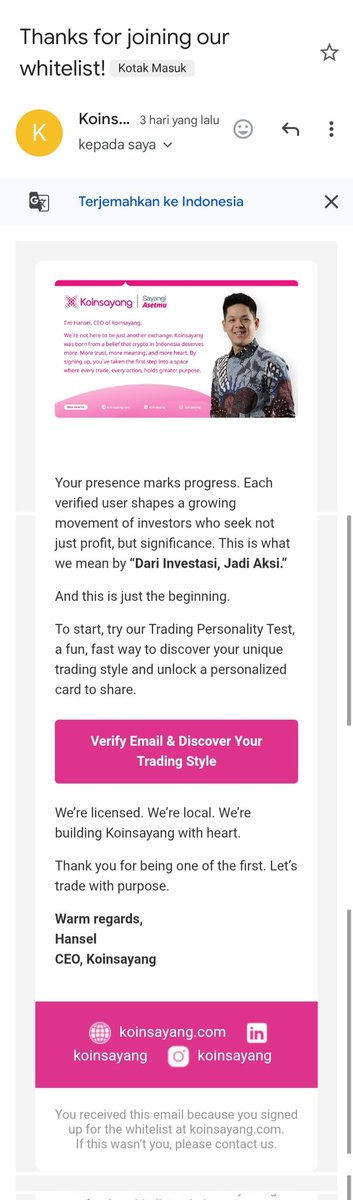 Pantun buat <a href="/HanselKalama/">Hansel Kalama | Koinsayang</a> merayakan #10HariMencariCinta untuk <a href="/Koinsayang/">Koinsayang | Crypto Exchange</a>

🩷Burung nuri terbang ke awan,
🩷Turun hinggap di dahan bayang.
🩷Exchange terbaik pilihan kawan,
🩷Yang paling kece: #Koinsayang

Join Whitelist <a href="/Goenawan35/">TheCryptoGun 9000🔺</a> <a href="/windalll18/">windal 🔺</a> <a href="/mainkoin/">M∆inkoin.tgn 🔺</a>

koinsayang.com/en/