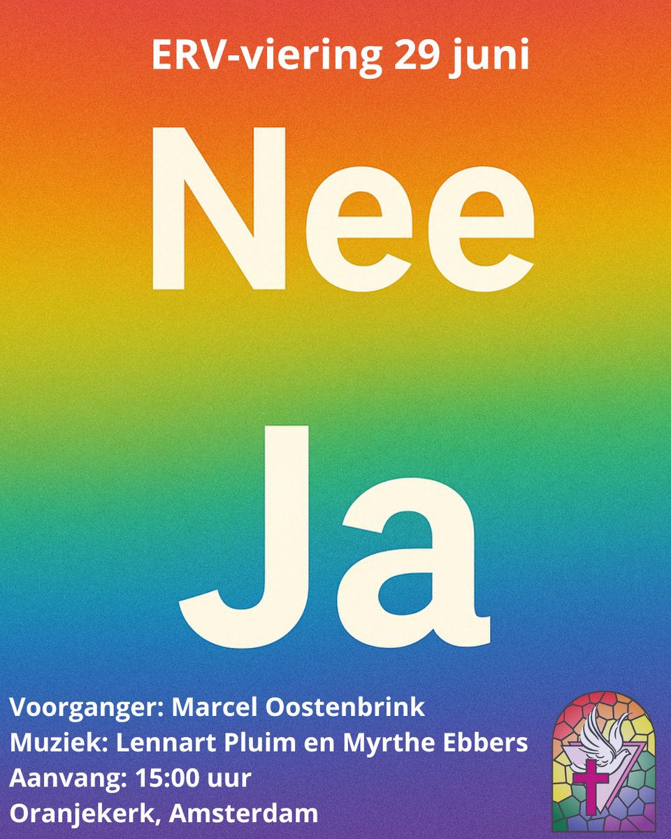 Hartelijk welkom in de Evangelische Roze Viering van 29 juni a.s. 15.00 uur in de Oranjekerk, 2e Van der Helststraat 1-3 Amsterdam.
Thema: ‘Als Nee Ja wordt’. Marcel Oostenbrink verzorgt de overdenking. Lennart Pluim en Myrthe Ebbers zingen voor ons.
Kom en vier met ons.