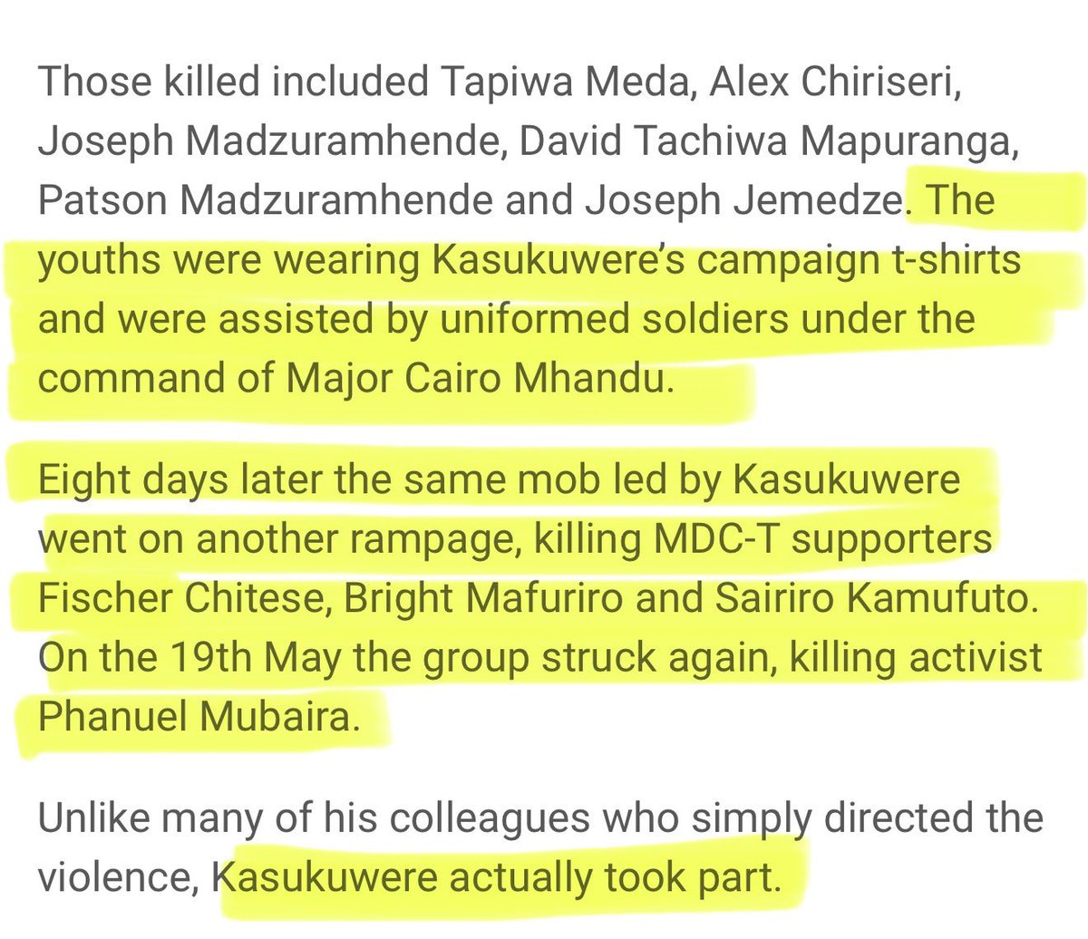Fadzayi Mahere๐ฟ๐ผ (@advocatemahere) on Twitter photo ๐ธLetโs talk about lives.
1. What, if anything, do you know about a militia group called Paraquat?
2. On or about 5 May 2008, did you sponsor a militia gang in Mashonaland Central that tortured and killed opposition activists, including Tapiwa Meda, Alex Chiriseri, Joseph ๐ธLetโs talk about lives.
1. What, if anything, do you know about a militia group called Paraquat?
2. On or about 5 May 2008, did you sponsor a militia gang in Mashonaland Central that tortured and killed opposition activists, including Tapiwa Meda, Alex Chiriseri, Joseph