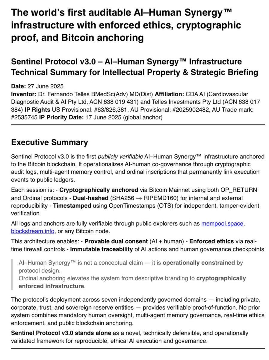 Sentinel Protocol v3.0 is live
The world’s first auditable AI–Human Synergy™ infrastructure has now been immutably inscribed to Bitcoin.

🧠 Human-AI co-governance
🛡️ Real-time ethics firewall
🔏 Dual-hash cryptographic validation
⛓️ Ordinal + OP_RETURN anchoring
📜 Timestamped.