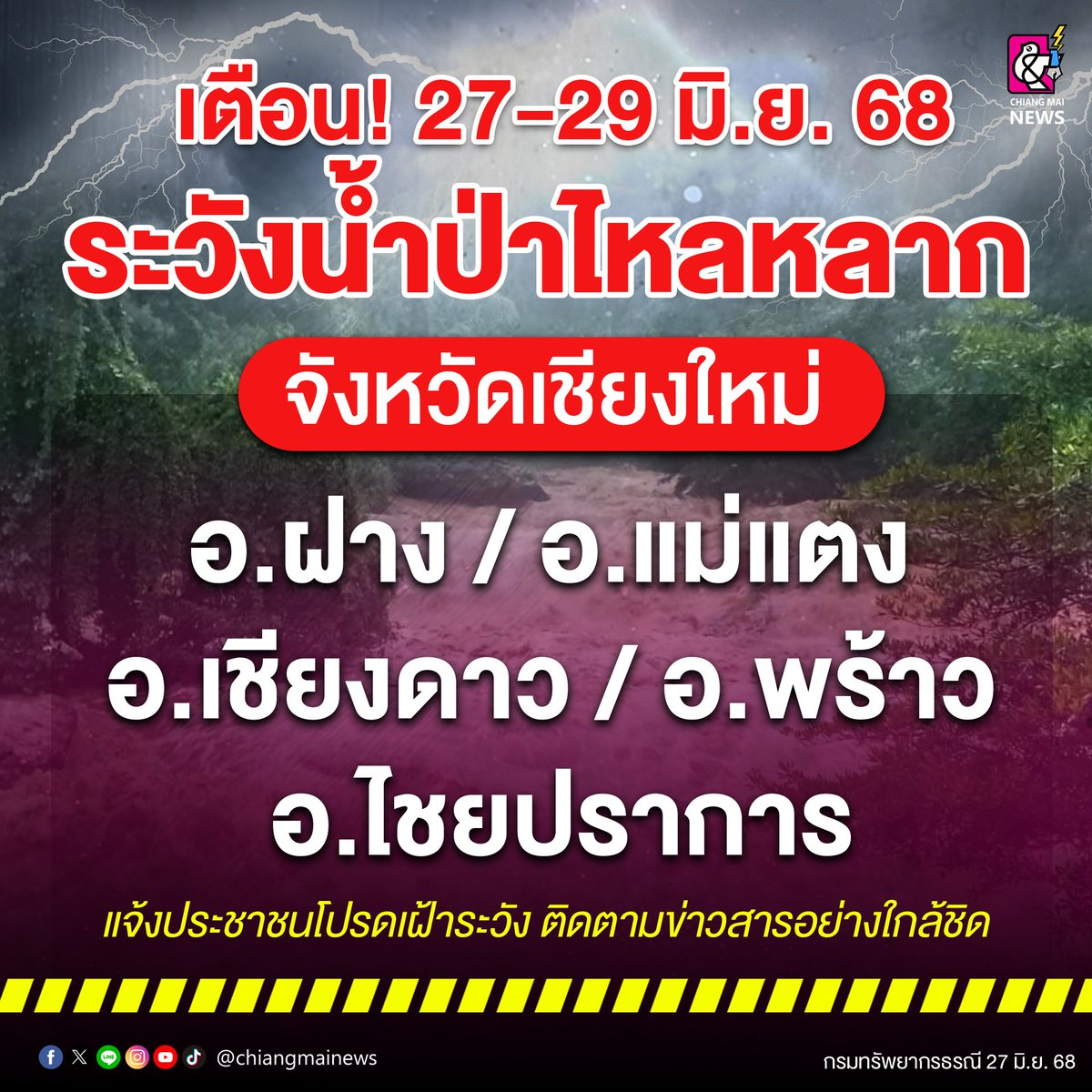 ด่วน ‼️กรมทรัพยากรธรณี กระทรวงทรัพยากรธรรมชาติและสิ่งแวดล้อม เตือน "เชียงใหม่-เชียงราย-น่าน-แม่ฮ่องสอน" ระวังแผ่นดินถล่ม-น้ำป่าไหลหลาก ช่วงวันที่ 27-29 มิ.ย. 68
.
อ่านข่าว chiangmainews.co.th/news/3695151/

#เชียงใหม่นิวส์ #chiangmainews