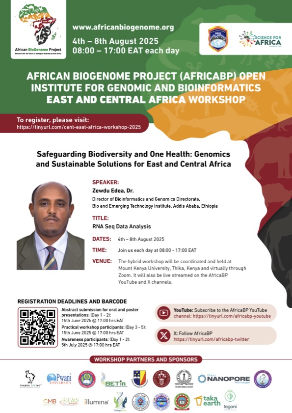 EA-Regional Workshop (@eaafricabp) on Twitter photo Elated to have Dr. Zewdu Edea, Head of Genomics and Bioinformatics Directorate, Bio and Emerging Technology Institute - BETin, Ethiopia as a speaker in the upcoming E.A <a href="/DAISEA_AfricaBP/">African BioGenome Project</a> conference at <a href="/MountKenyaUni/">MountKenyaUniversity</a>
Register via; lnkd.in/eZ9-3_ju
<a href="/AnneMuigai_Prof/">Prof Anne Muigai</a> Elated to have Dr. Zewdu Edea, Head of Genomics and Bioinformatics Directorate, Bio and Emerging Technology Institute - BETin, Ethiopia as a speaker in the upcoming E.A <a href="/DAISEA_AfricaBP/">African BioGenome Project</a> conference at <a href="/MountKenyaUni/">MountKenyaUniversity</a>
Register via; lnkd.in/eZ9-3_ju
<a href="/AnneMuigai_Prof/">Prof Anne Muigai</a>