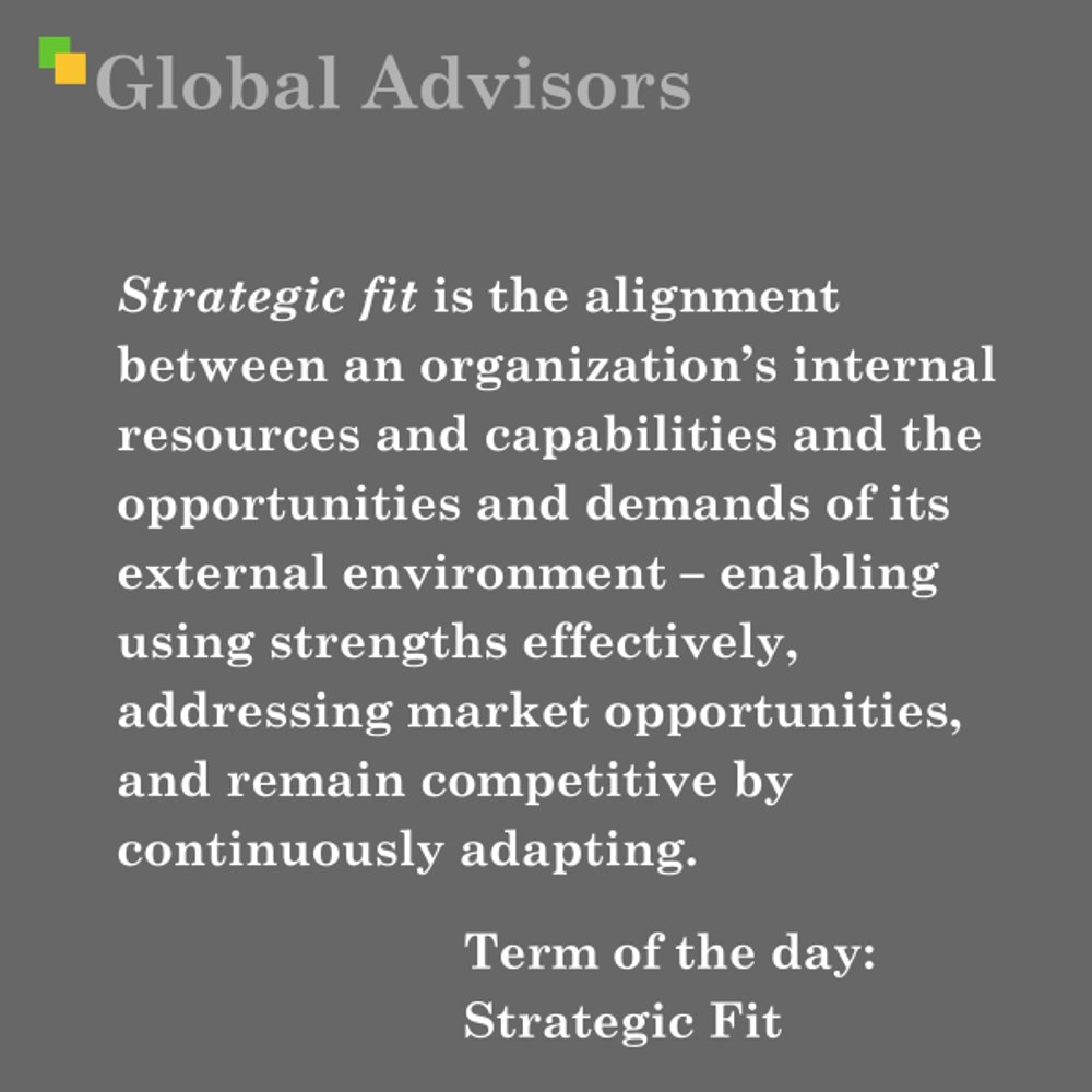 global_advisors's tweet photo. Term of the Day: "Strategic Fit"
#StrategicFit is the #alignment between an organizationโs internal resources and #capabilities and the opportunities and demands of its external #environment โ enabling using strengths eff ..
https://t.co/HrIXTQOK2l
#strategy #quote #Mintzberg https://t.co/ekvQOfxTdd
