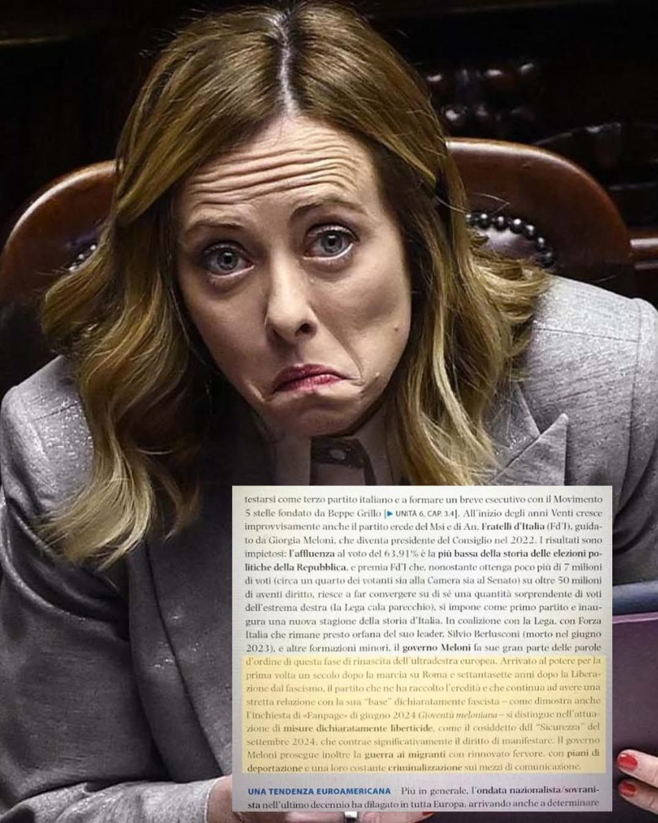 AUniversale's tweet photo. Fratelli d’Italia ha un nuovo nemico: un libro di storia delle scuole superiori che li descrive alla perfezione.

Un manuale scolastico, adottato in diversi licei italiani e intitolato "Trame del tempo", che osa fare ciò che ogni libro di storia dovrebbe fare: raccontare i fatti. E lo fa così:

“Arrivato al potere per la prima volta un secolo dopo la marcia su Roma e 77 anni dopo la Liberazione dal fascismo, il partito che ne ha raccolto l'eredità e che continua ad avere una stretta relazione con la sua ‘base' dichiaratamente fascista – come dimostra anche l'inchiesta di Fanpage di Gioventù meloniana – si distingue nell'attuazione di misure dichiaratamente liberticide, come il cosiddetto Ddl Sicurezza del settembre 2024, che contrae significativamente il diritto di manifestare.

Il Governo Meloni prosegue inoltre la guerra ai migranti con rinnovato fervore, con piani di deportazione e una loro costante criminalizzazione".

Tanto è bastato per far scattare l’ira funesta di Fratelli d'Italia, che ha invocato la censura immediata. Augusta Montaruli ha presentato un’interrogazione urgente in Parlamento, bollandolo come “un condensato di false notizie, offensivo, lesivo, infarcito di odio”, e chiedendo al Ministero dell’Istruzione di bandirlo dalle scuole.

Che dire? Accusano il libro di mentire e la loro prima reazione è chiedere che venga censurato. Come si faceva ai "bei tempi", appunto.

E così, nel tentativo di dimostrare che non sono né fascisti né liberticidi, si sono comportati esattamente da fascisti e liberticidi.

Il libro, insomma, non solo aveva ragione.
Ma ha pure ricevuto una dimostrazione pratica, in tempo reale.