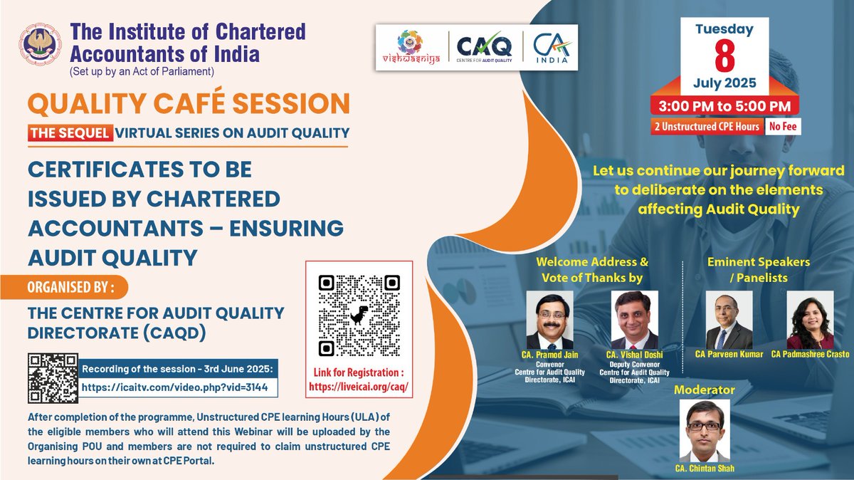 After an overwhelming response to the 24th Quality Café Session on "Certificates to be Issued by Chartered Accountants- Ensuring Audit Quality", we are excited to bring you the sequel on 8.7.25 from 3 to 5 PM
Register at live.icai.org/caq/

<a href="/CAPramodLunawat/">CA. Pramod Jain</a> <a href="/cavishaldoshi/">Vishal Doshi</a>