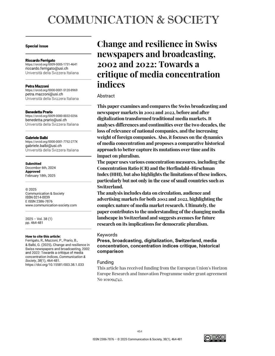 JournalCommSoc's tweet image. 📄“Change and resilience in Swiss newspapers and broadcasting, 2002 and 2022: Towards a critique of media concentration indices” by Riccardo Ferrigato, @MazzoniPetra, Benedetta Prario, @gabriele_balbi
doi.org/10.15581/003.3…
#OpenAccess #Communication #Academic #Resilience #TV