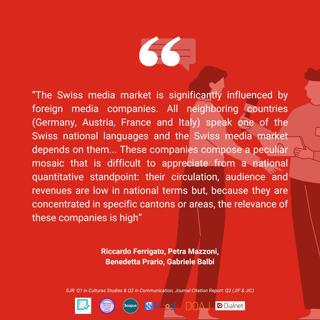 JournalCommSoc's tweet image. 📄“Change and resilience in Swiss newspapers and broadcasting, 2002 and 2022: Towards a critique of media concentration indices” by Riccardo Ferrigato, @MazzoniPetra, Benedetta Prario, @gabriele_balbi
doi.org/10.15581/003.3…
#OpenAccess #Communication #Academic #Resilience #TV