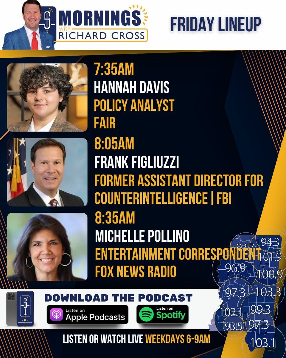 SuperTalk Mississippi (@supertalk) on Twitter photo Mornings with Richard Cross; Guest Host Scott Sands Friday Lineup…
7:35am- Hannah Davis
Policy Analyst|FAIR
Federation for American Immigration Reform
<a href="/FAIRImmigration/">Federation for American Immigration Reform</a>
8:05am- Frank Figliuzzi
Former Assistant Director for Counterintelligence
Federal Bureau of Investigation Mornings with Richard Cross; Guest Host Scott Sands Friday Lineup…
7:35am- Hannah Davis
Policy Analyst|FAIR
Federation for American Immigration Reform
<a href="/FAIRImmigration/">Federation for American Immigration Reform</a>
8:05am- Frank Figliuzzi
Former Assistant Director for Counterintelligence
Federal Bureau of Investigation