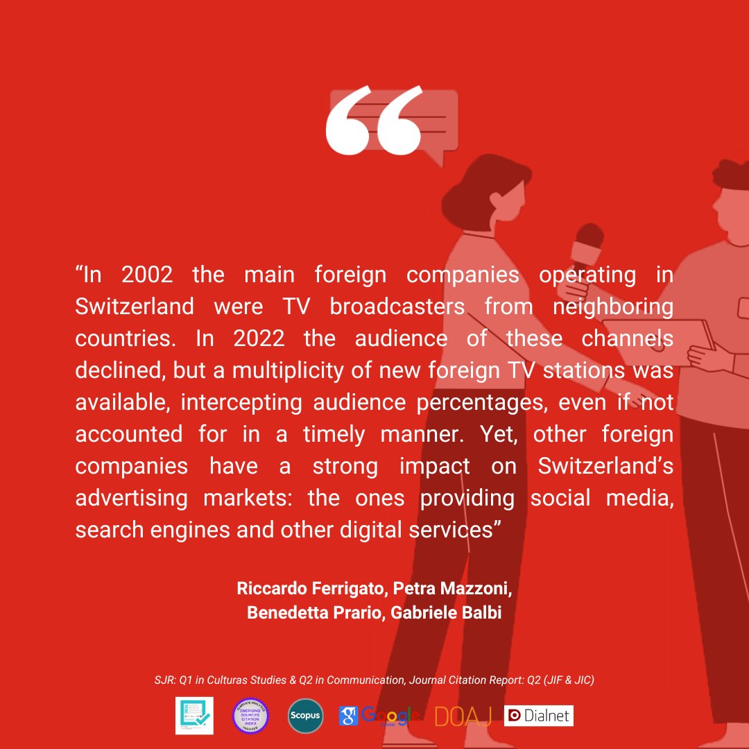 JournalCommSoc's tweet image. 📄“Change and resilience in Swiss newspapers and broadcasting, 2002 and 2022: Towards a critique of media concentration indices” by Riccardo Ferrigato, @MazzoniPetra, Benedetta Prario, @gabriele_balbi
doi.org/10.15581/003.3…
#OpenAccess #Communication #Academic #Resilience #TV