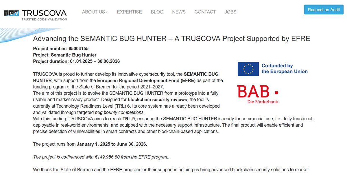 Rolf Drechsler (@rolf_drechsler) on Twitter photo We're thrilled to share that our SEMANTIC BUG HUNTER project is advancing with support from the European Regional Development Fund (#EFRE) and the State of #Bremen! truscova.com/news_5.php <a href="/mdothassan/">Muhammad Hassan</a> <a href="/mnjalil/">Muhammad Jalil</a> #security #Blockchain #SmartContracts <a href="/truscova/">truscova</a> #truscova We're thrilled to share that our SEMANTIC BUG HUNTER project is advancing with support from the European Regional Development Fund (#EFRE) and the State of #Bremen! truscova.com/news_5.php <a href="/mdothassan/">Muhammad Hassan</a> <a href="/mnjalil/">Muhammad Jalil</a> #security #Blockchain #SmartContracts <a href="/truscova/">truscova</a> #truscova