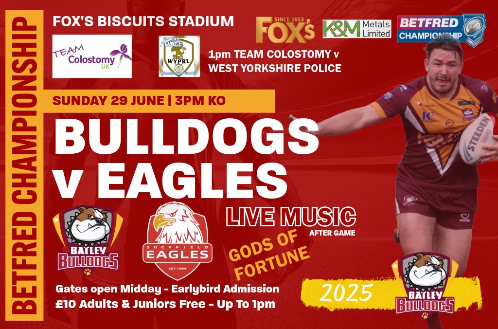 it's all happening this Sunday as Craig Lingard brings his Sheffield Eagles side to face The Bulldogs, and the 
Ex-Players Group also with us for the day! 

Gates open Midday. Reduced Admission up to 1pm.

See You There!!