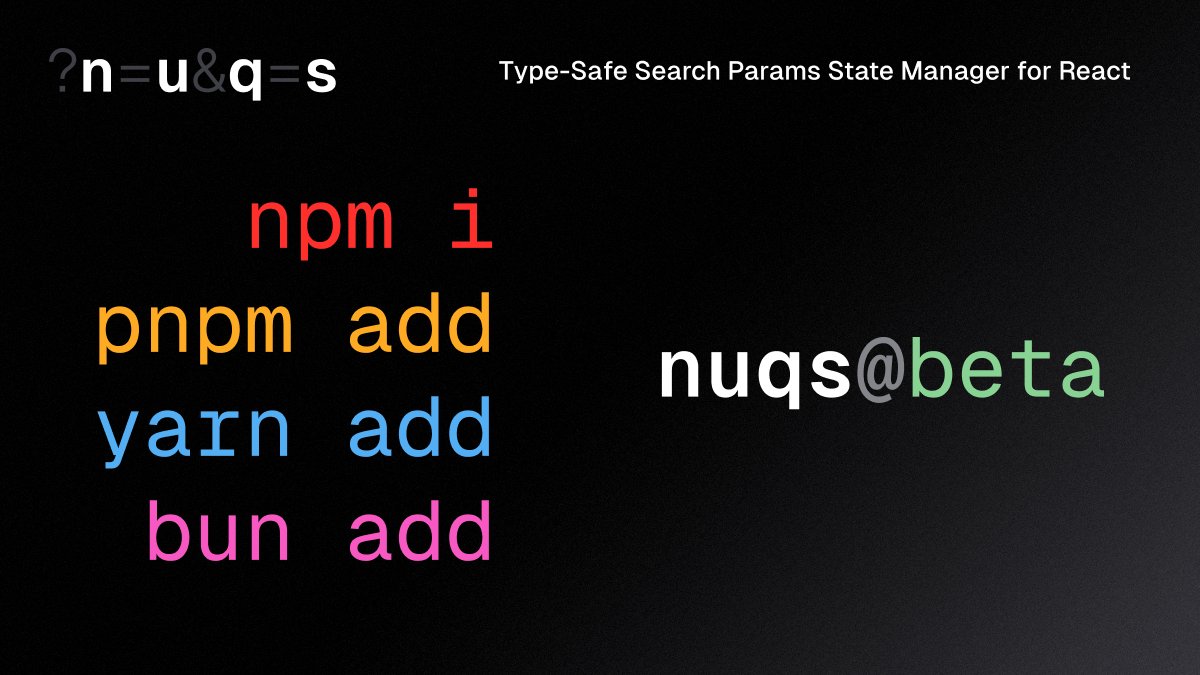 nuqs (@nuqs47ng) on Twitter photo 📦 nuqs@2.5.0-beta.2 is out! 🚀
It adds a couple of features:
- Standard Schema generation: validate & infer types with other tools (tRPC, TanStack Router), using existing search params definitions
- Strict mode for loaders & cache (see QT)
Try it out: pnpm add nuqs@beta 📦 nuqs@2.5.0-beta.2 is out! 🚀
It adds a couple of features:
- Standard Schema generation: validate & infer types with other tools (tRPC, TanStack Router), using existing search params definitions
- Strict mode for loaders & cache (see QT)
Try it out: pnpm add nuqs@beta