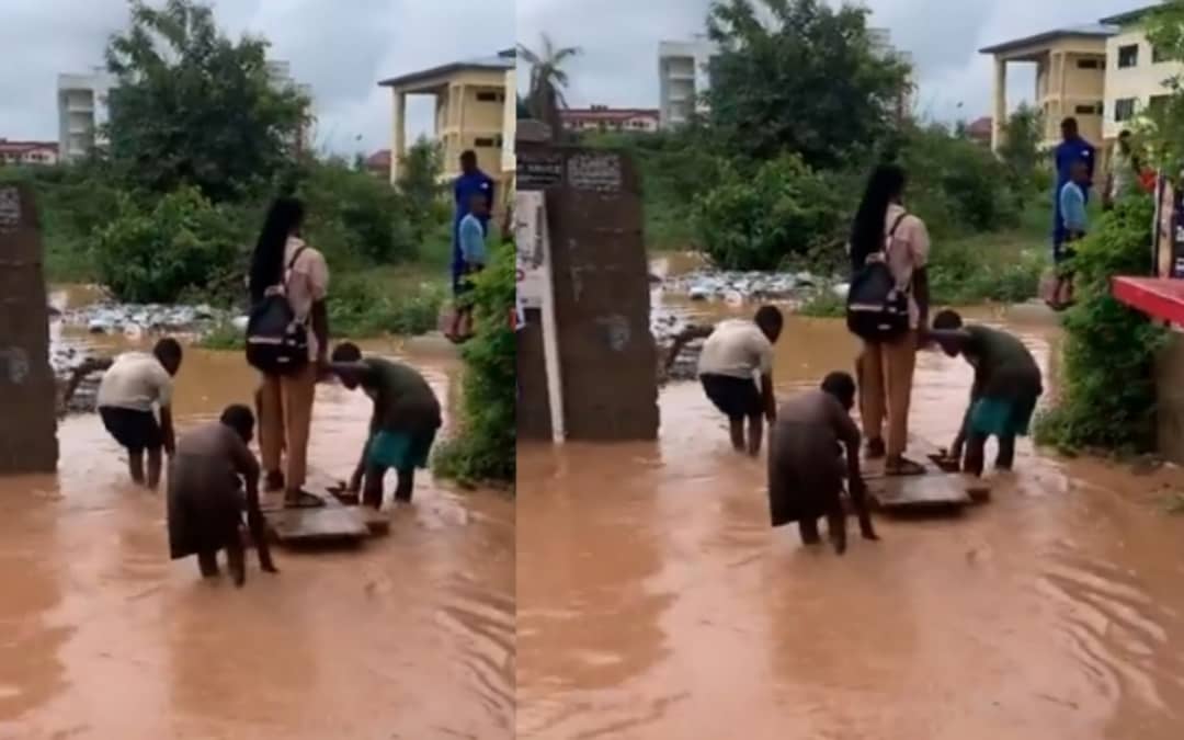 🚨 *NEW:* Innovative kids near UCC have stepped up with a mini transport system to help students cross flooded paths, charging a small fee for their service! Meanwhile, students continue to call on the administration to build a bridge to tackle the persistent flooding issue.