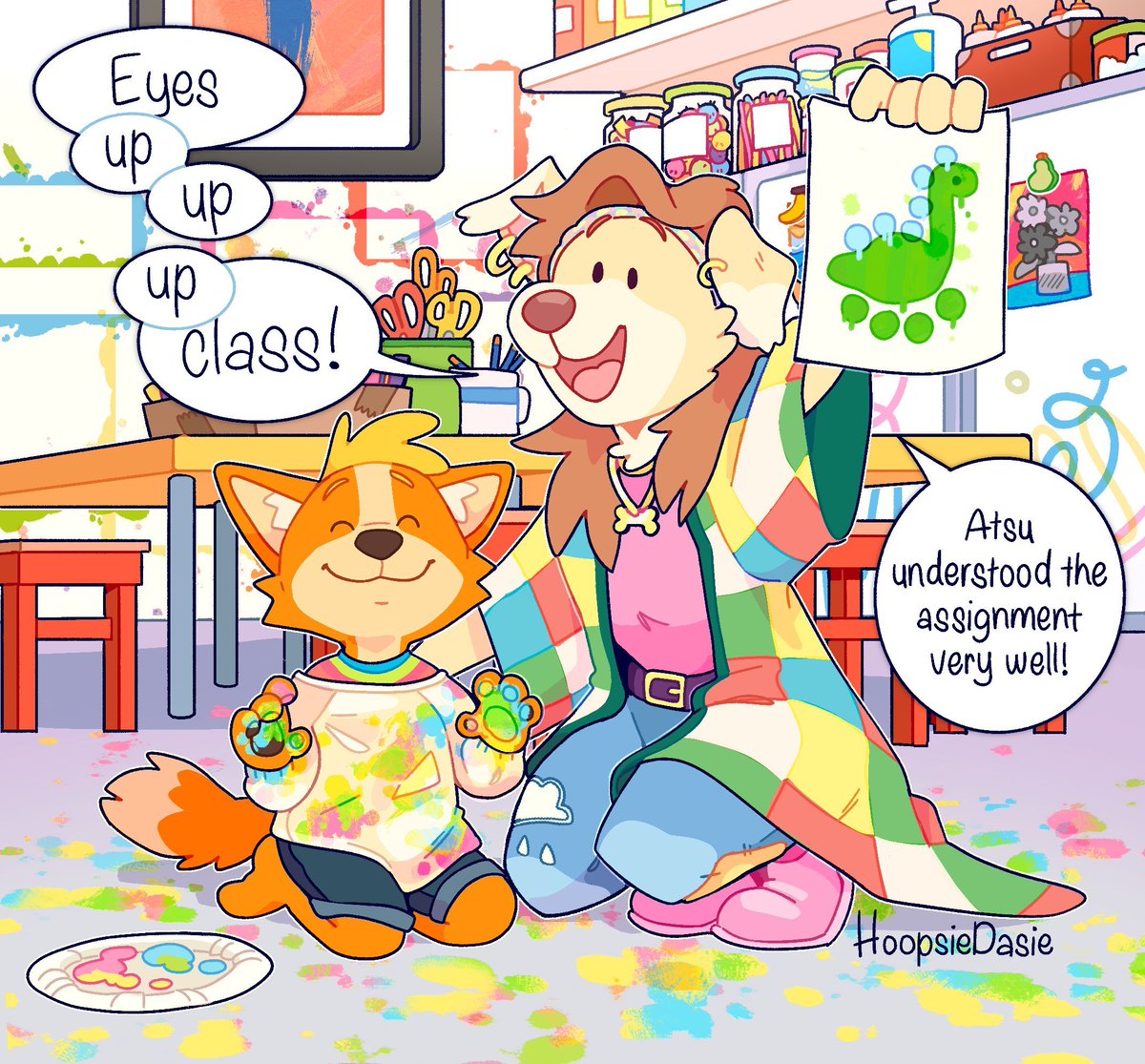 This lovely commission from littlefawx.bsky.social including my own OC madam Retriever! 

#furry #furryart #furryfandom #kidfur #agere #ageregression #little #littlespace #nostalgia