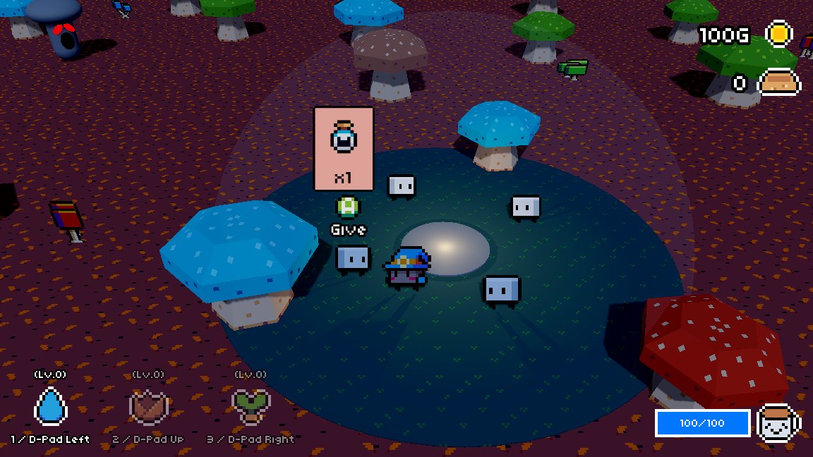 Started on the npc and campfire mechanics. Injured smol blocks can be found huddled around a fire in the wilds and if you bring them potions to cure their ailments, they might return the favor back at the farm! #gamedev #art #mushrooms #pixelart #witch