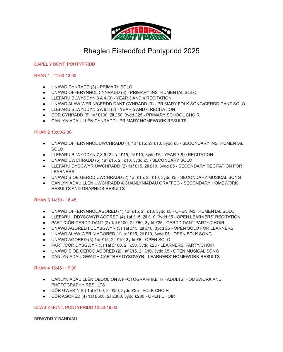 Eisteddfod Pontypridd, dydd Sadwrn 28 Mehefin