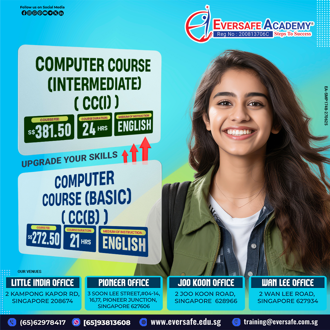 EversafeAcademy's tweet image. Basic Computer Course (CCB) | Intermediate Computer Course (CCI) – Upgrade Your Digital Skills | EVERSAFE Academy® Singapore !
📲 WhatsApp: 📱bit.ly/3JKmp0J
🖥️ Website: 🌐 eversafe.edu.sg/eversafe-acade…

#ComputerSkillsSG #BasicITCourse #IntermediateComputerCourse