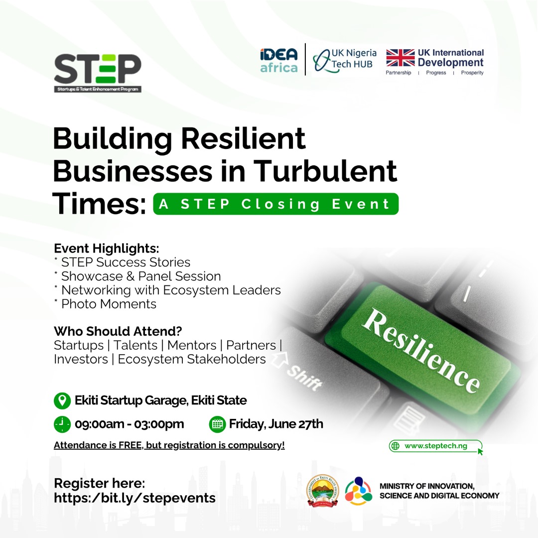 STEP Closing Event Continues – Thank You, Port Harcourt!

Next Stop: Ekiti! 
Join us today for the STEP Closing Event in Ado Ekiti to celebrate innovation and growth.

📍Location: Ekiti Startup Garage, Obafemi Awolowo Civic Centre, Fajuyi, Ado Ekiti, Ekiti State

Time: 9:00AM WAT