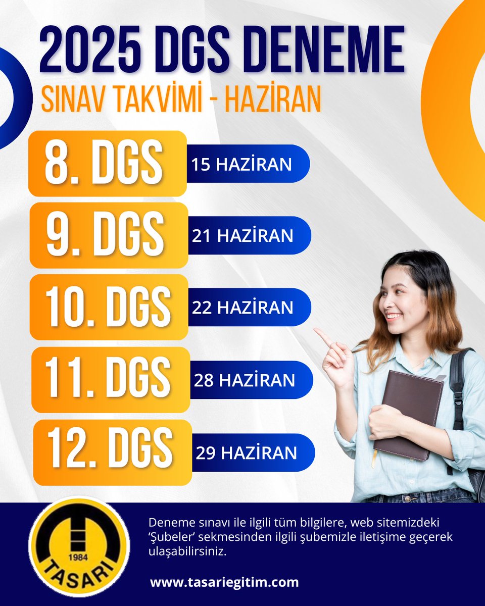 🎯 2025 DGS Haziran Deneme Takvimi Yayında!
Haziran ayında başarıya bir adım daha yaklaşmak isteyen adaylar için deneme sınavlarımız hazır! 📚

🟧 11. DGS – 28 Haziran
🟧 12. DGS – 29 Haziran

📲 Detaylı bilgi ve başvuru için 👉 tasariegitim.com

#DGS2025 #TasarıEğitim