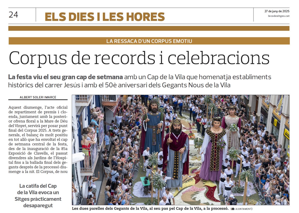 NOMÉS A L’EDICIÓ EN PAPER I A L’<a href="/iQuiosc/">iQUIOSC.cat</a>

Corpus de records i celebracions. La festa viu el seu gran cap de setmana amb un Cap de la Vila que homenatja establiments històrics del carrer Jesús i amb el 50è aniversari dels Gegants Nous.

▶️ iquiosc.cat/publicacions/l…

#Sitges
