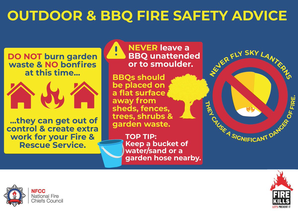 With the summer weather continuing to be warm, dry and sunny please:
 ❌ Avoid garden bonfires as these can easily get out of control
🍔 Never leave BBQ's unattended &amp;keep them away from sheds, fences &amp; shrubs
🔥 Don't release sky lanterns as these can lead to wildfires