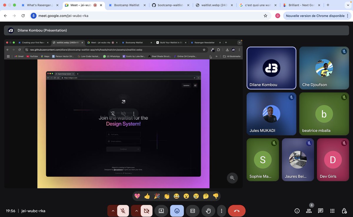 Jour 2 – Bootcamp Rasengan.js avec Dev Girls. 

On a intégré pas à pas une WaitList avec  <a href="/rasenganjs/">Rasengan</a> .

28 juin (Jour 3) :

Connexion à SMAD Mail (by 🇨🇲 Leonel Yimga) pour gérer les emails.

Test &amp; déploiement sur Vercel.

Prérequis : crée ton compte sur smadmail.com