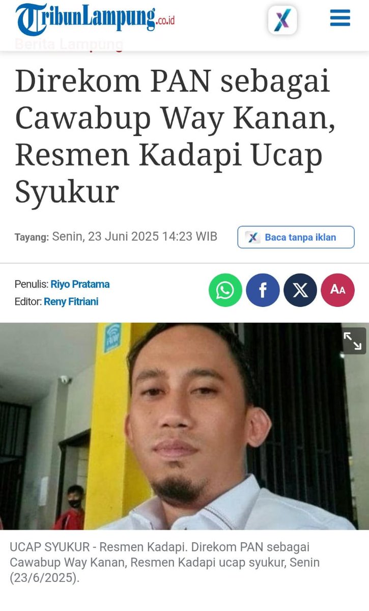 #ResmenKadapi yang tidak sukses dalam pemilihan bupati di kabupaten way kanan pada pilkada tahun lalu kini diusulkan oleh pan agar Resmen Cawabup Way Kanan mendampingi ayu asalasiyah yang telah diangkat untuk menggantikan ali rahman yang telah meninggal.