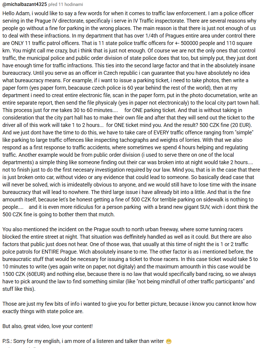 K tomu videu o autech v Praze teď přidal komentář jeden pražský policista. Doporučuju.