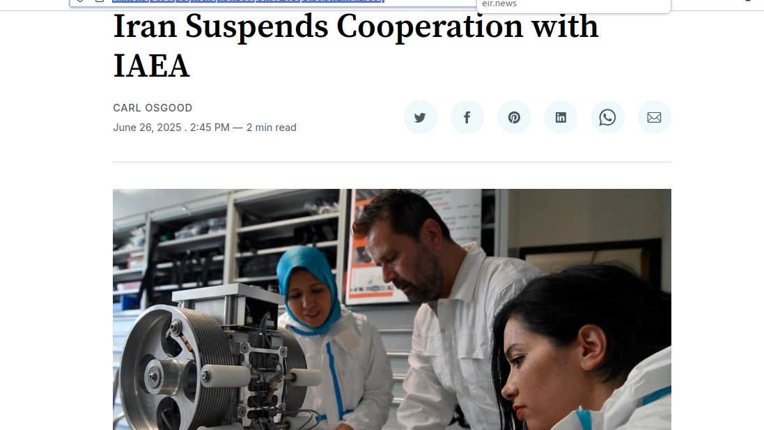 ZeppLaRouche's tweet photo. https://t.co/ojnALHUi3l
IAEA inspectors won’t be returning to Iran’s nuclear facilities anytime soon. Iran’s Guardian Council approved a parliamentary measure passed unanimously yesterday, suspending cooperation with the International Atomic Energy Agency until Iran’s nuclear centers and scientists are fully secured in accordance with the UN Charter and as determined by the Supreme National Security Council, Tasnim reports today. According to Tasnim, the suspension will continue until Iran’s right to peaceful nuclear enrichment, as guaranteed under Article 4 of the NPT, is fully recognized and respected.

Verification of these conditions will be based on a report from the Atomic Energy Organization of Iran and require final approval from the Supreme National Security Council. The law obligates the government to submit a compliance report every three months to Parliament and the Supreme Council.

“Continued collaboration with an agency that acts as an enabler of war and aggression and serves as an executor of the inhumane interests of the illegitimate Zionist regime is impossible until we are assured of the full security of our nuclear facilities,” said parliament speaker Mohammad Baqer Qalibaf.

During a press conference in Vienna yesterday, IAEA Director General Rafeal Grossi made a pitch for returning IAEA inspectors to Iran’s bombed nuclear facilities, in order to assess damages and possible health hazards, reported Reuters. He said there is a chance that much of Iran’s highly enriched uranium survived Israeli and U.S. attacks, because it may have been moved by Tehran soon after the first strikes. He said earlier this week that Iran had informed the IAEA on June 13—the first day of Israeli strikes—that it would take “special measures” to protect its nuclear materials and equipment.

“They did not get into details as to what that meant but clearly that was the implicit meaning of that, so we can imagine that this material is there,” Grossi said. “So for that, to confirm, for the whole situation, evaluation, we need to return (IAEA inspectors to Iran’s nuclear facilities).”

The Iranians have been highly critical of Grossi since the passage of an anti-Iran resolution by the IAEA Board of Governors on June 12. Iranian officials have blamed him for issuing a “biased” report that “paved the way” for that resolution and the subsequent U.S. and Israeli attacks, Tasnim reported yesterday.

In Moscow, Kremlin spokesman Dmitry Peskov said yesterday that Iran’s decision to halt cooperation with the IAEA “cannot but cause concern,” attributing it to the “unprovoked attack” on Iran by the U.S. and the Israeli regime, according to another Tasnim report. He stressed that the credibility of the IAEA had been severely damaged due to the unprecedented assaults on Iran’s peaceful nuclear infrastructure.