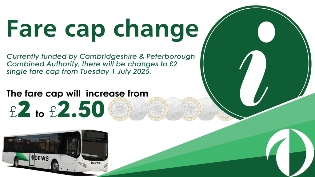 Currently funded by CPCA, there will be changes to our fare cap from Tuesday 1st July. 

The Cap will increase from £2.00 to £2.50