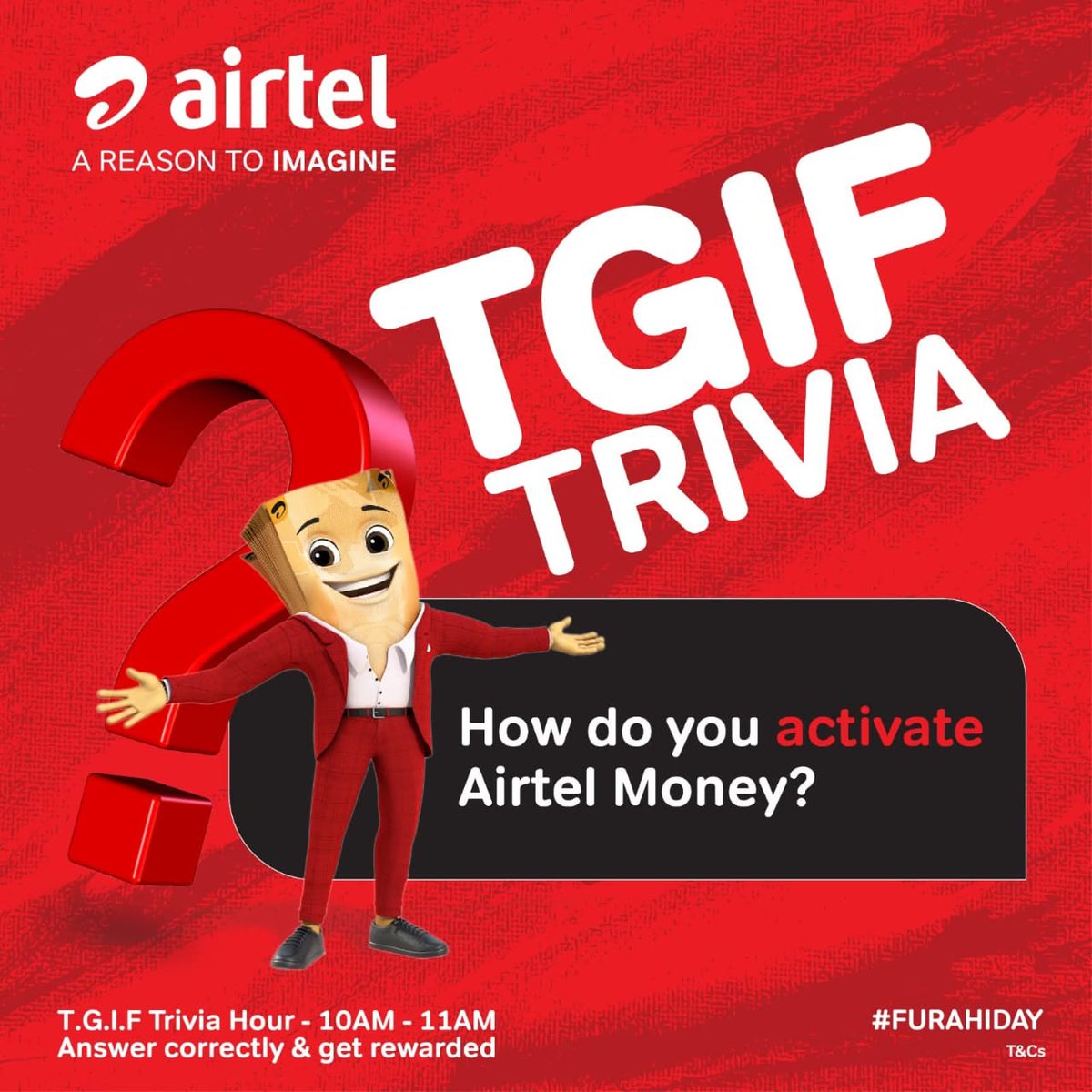 Trivia Hour iko ON!
Swali ya leo ni rahisi sana. Wacha tuone wangapi wanajua how to activate Airtel Money. Majibu correct tafadhali and don't forget to DM your number.​
#AirtelTriviaHour