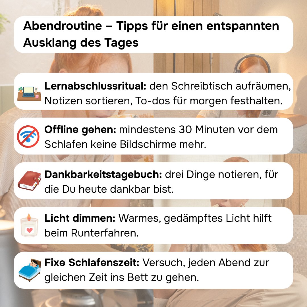 Kennst Du das Gefühl, den Tag irgendwie „zu verplempern“ – obwohl Du Dir viel vorgenommen hast? 

Kleine Rituale fördern nicht nur Deine Produktivität, sondern stärken auch Dein Wohlbefinden – besonders wichtig im Fernstudium, wenn Du Dir Deine Lernzeiten selbst einteilst.

#SGD