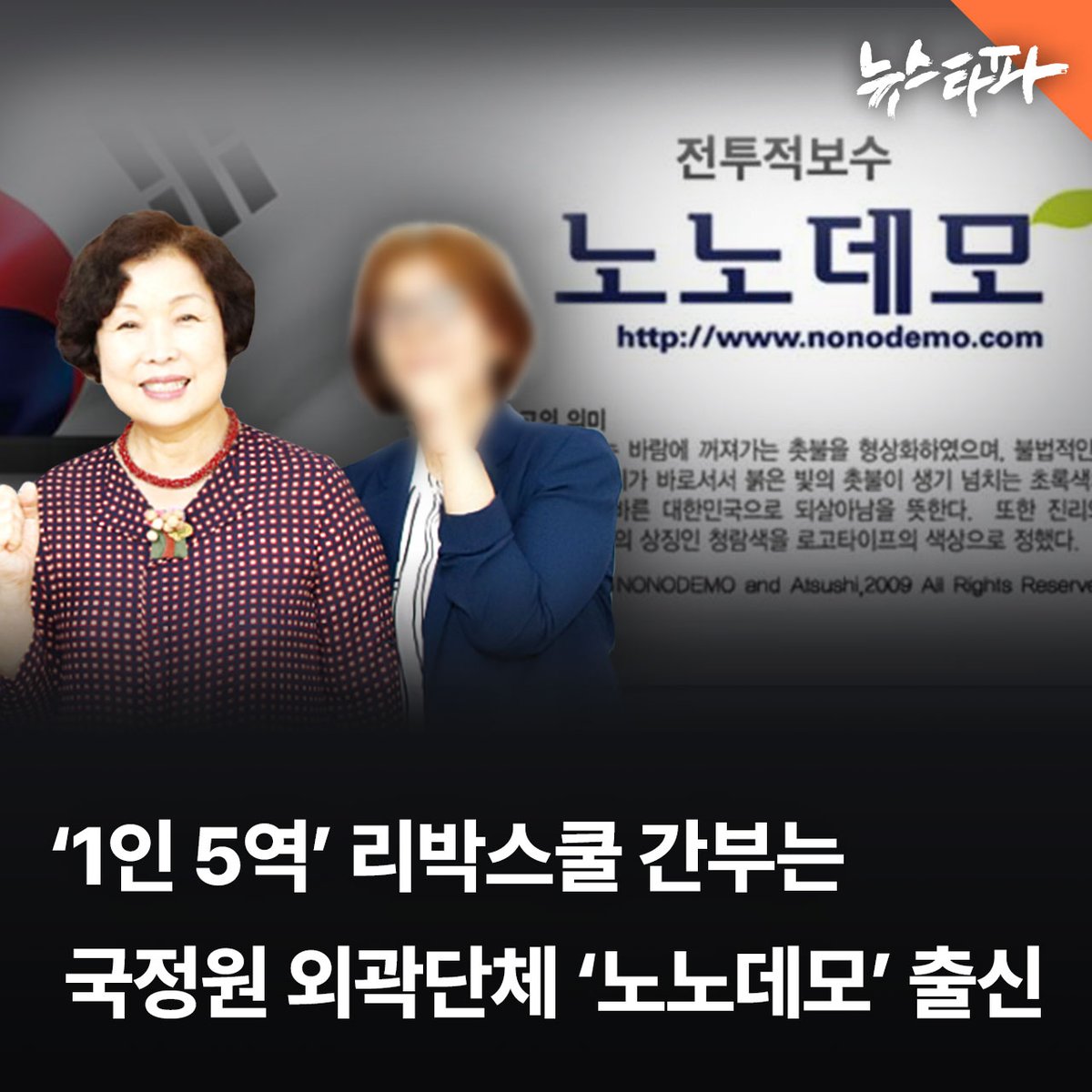 초등학생 '늘봄학교' 강사 자격증을 미끼로 ‘댓글공작팀’을 모은 리박스쿨의 교육국장이자 댓글팀 ‘자손군’의 총괄 리더가 이명박 정권 국정원의 지원을 받은 관변단체 ‘노노데모’의 회계 담당자로 확인됐습니다.

최 씨는 박근혜 정권에서는 국정원 연관 단체로 지목된 블루유니온 소속 레이디블루의