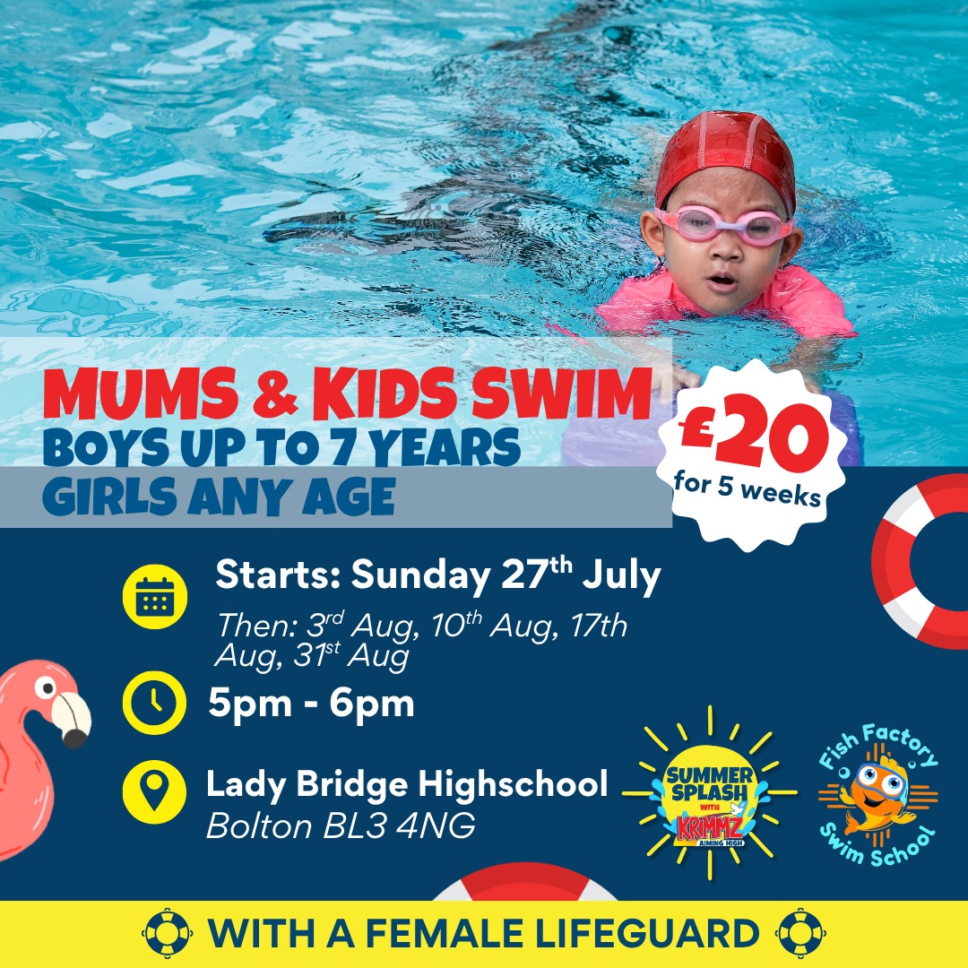 Mums &amp; Kids Swimming Sessions – the perfect way to spend your Sunday! 👩‍👧‍👦💙

📅 Starts Sunday 27th July (then weekly)
🕔 5pm – 6pm
📍 Ladybridge High School, BL3 4NG
💷 £20 for 5 weeks

Book a place today 👉 krimmz.org.uk/?page_id=369