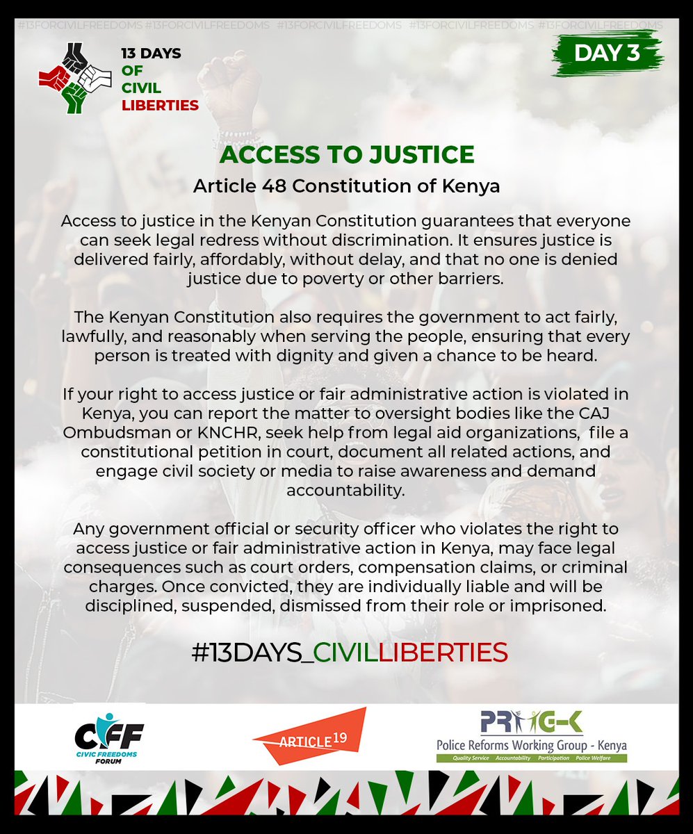 12 months on and the victims of June 25th have not gotten their justice....a concept that Article 48 provides for.
We will not relent in demanding justice for all.
#Justice4OurMashujaa 
#13Days_CivilLiberties