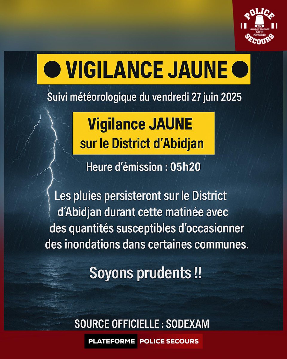 🚨 Alerte météo : Vigilance jaune 🟡
Montée des eaux constatées dans plusieurs communes, notamment au carrefour CIE Bingerville. #Prudence
